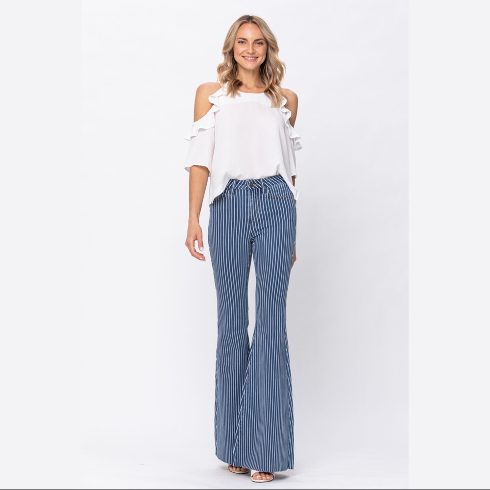 New! Judy Blue Hi Waist Super Flare Pin Stripe Dark Wash - Picture 2 of 11